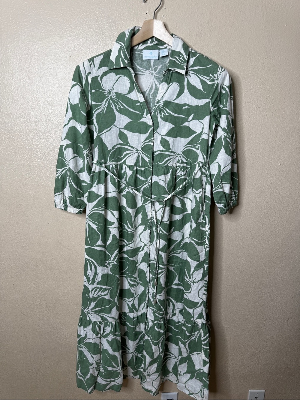 Cynthia Rowley Dress Women’s XS Green White Floral Linen Blend Belted Tiered